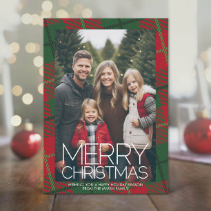 Cartes Pour Fêtes Annuelles Photo avec grand plaid rouge vert MERRY CHRISTMAS