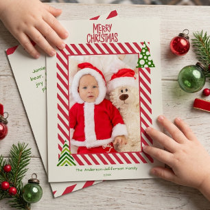 Cartes Pour Fêtes Annuelles Photo bébé 1er Noël encadré rayures rouges amusant