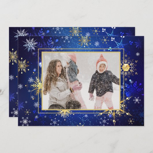Cartes Pour Fêtes Annuelles Photo Blue Gold Snowflake Noël Noël Noël (Devant / Derrière)