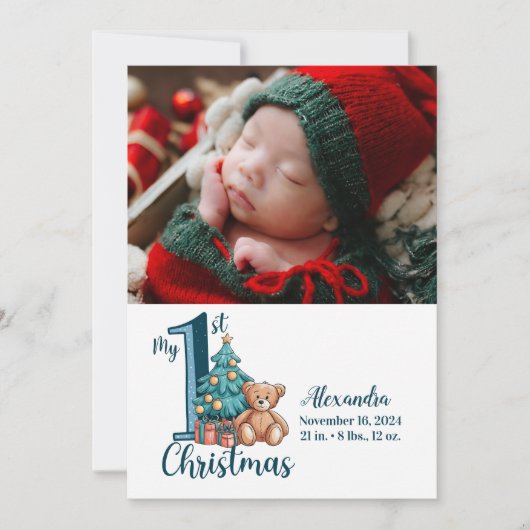 Cartes Pour Fêtes Annuelles Photo Blue Teddy Baby 1er Noël (Devant)