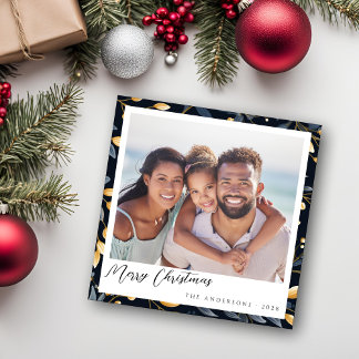 Cartes Pour Fêtes Annuelles Photo Carré moderne Blue and Gold Christmas Leaf