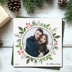 Cartes Pour Fêtes Annuelles Photo Chic Olive Green Holly Christmas Wreath