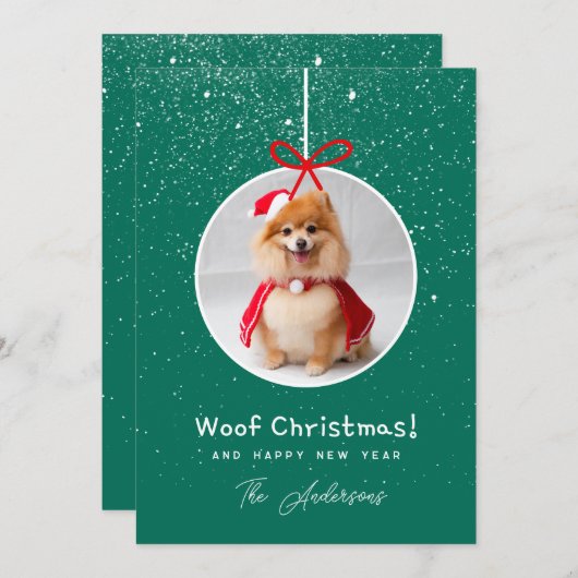 Cartes Pour Fêtes Annuelles Photo Chien Neige Vert Woof Noël (Devant / Derrière)