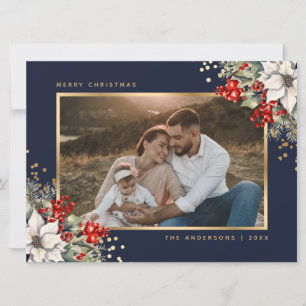 Cartes Pour Fêtes Annuelles Photo de baies de poinsettia bleu or Noël