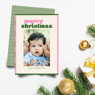 Cartes Pour Fêtes Annuelles Photo de bébé pour Noël Rose Vert Moderne Rétro