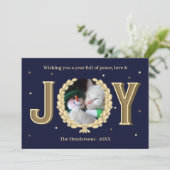 Cartes Pour Fêtes Annuelles Photo de chat personnalisée Blue Gold Joie Noël (Debout devant)