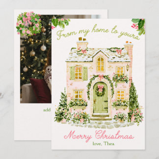 Cartes Pour Fêtes Annuelles Photo de cottage à l'aquarelle rose Joyeux Noël