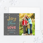 Cartes Pour Fêtes Annuelles Photo de couleurs vives Joie Paix et Amour<br><div class="desc">La carte de vœux de vacances sur le thème Joie Paix et Amour présente une typographie mixte élégante et une bordure de flocon de neige en or brillant,  bleu,  rose et gris sur fond gris foncé qui peut être modifié.</div>