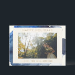 Cartes Pour Fêtes Annuelles Photo de couple à l'aquarelle abstraite indigo élé<br><div class="desc">Carte de vacances photo personnalisée à l'aquarelle abstraite indigo bleu marine</div>