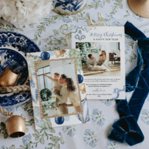 Cartes Pour Fêtes Annuelles Photo de famille à l'aquarelle de Noël bleu classi