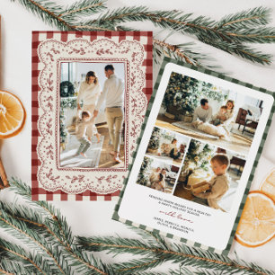 Cartes Pour Fêtes Annuelles Photo de famille au gingham et dentelle vintage po