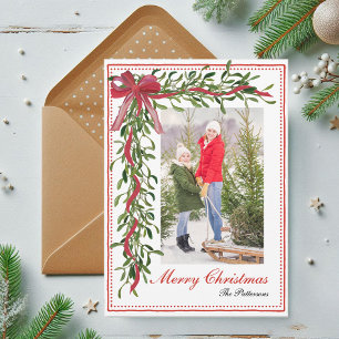 Cartes Pour Fêtes Annuelles Photo de famille au ruban rouge et au gui Joyeux N