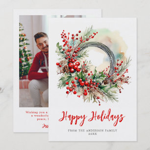 Cartes Pour Fêtes Annuelles Photo de famille de Noël aux baies de houx aquarel