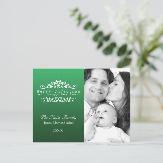 Cartes Pour Fêtes Annuelles Photo de famille Joyeux Noël Vert ornemental (Debout devant)