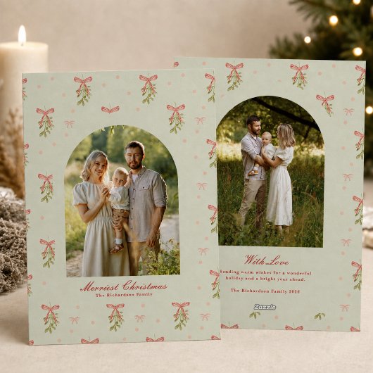 Cartes Pour Fêtes Annuelles Photo de famille Noël Arc en Sage Rouge et Verdure