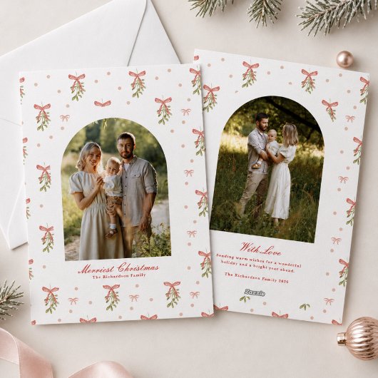 Cartes Pour Fêtes Annuelles Photo de famille Noël Blanc Ruban Rouge Verdure