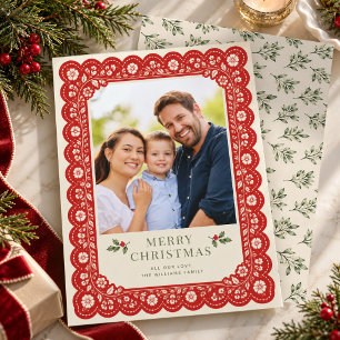 Cartes Pour Fêtes Annuelles Photo de famille Noël Fleurie Broderie Rouge