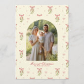 Cartes Pour Fêtes Annuelles Photo de famille Noël Ruban Rouge Crème et Verdure (Devant)