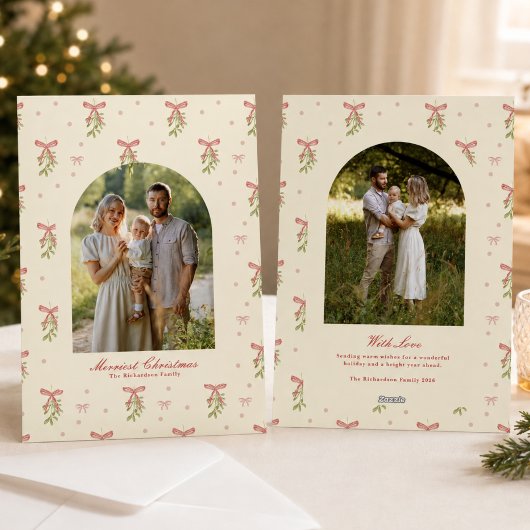 Cartes Pour Fêtes Annuelles Photo de famille Noël Ruban Rouge Crème et Verdure