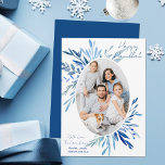Cartes Pour Fêtes Annuelles Photo de la famille botanique Bleu Chic Happy Hano<br><div class="desc">De beaux feuilles botaniques d'aquarelle bleue ressortent de votre photo de famille juive verticale pour un Hanoukka heureux. Personnalisez ce carte photo chic de Chanukah.</div>