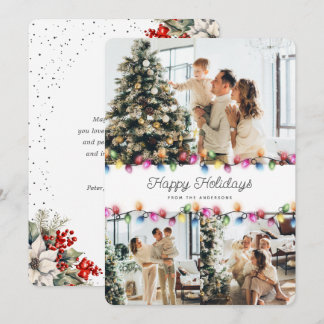 Cartes Pour Fêtes Annuelles Photo de lumières de Noël au poinsettia et aux bai