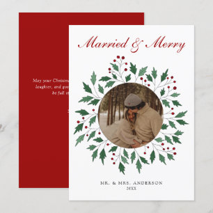Cartes Pour Fêtes Annuelles Photo de mariage avec couronne et écriture 'Mariés