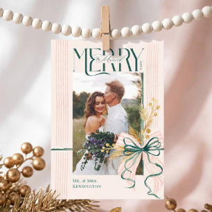 Cartes Pour Fêtes Annuelles Photo de mariage de Noël avec un nœud vert Merry &