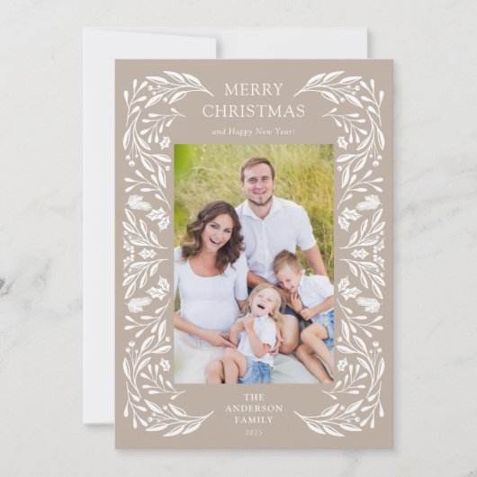 Cartes Pour Fêtes Annuelles Photo de message de Noël avec verdure blanche (Devant)