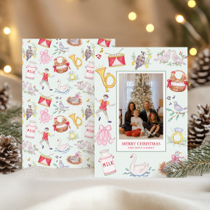 Cartes Pour Fêtes Annuelles Photo de Noël à l'aquarelle des douze jours de Noë
