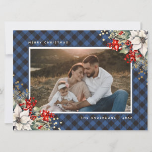 Cartes Pour Fêtes Annuelles Photo de Noël au poinsettia et houx à l'aquarelle