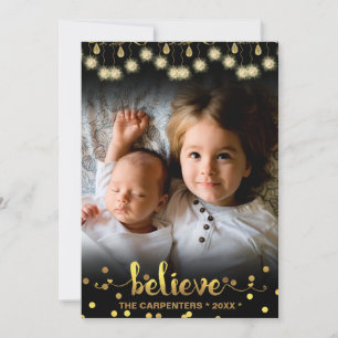 Cartes Pour Fêtes Annuelles Photo de Noël BELIEVE Gold Feux