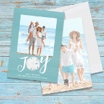 Cartes Pour Fêtes Annuelles Photo de Noël bleu Watercolor Beach<br><div class="desc">Ce design comprend une carte photo de Noël avec 2 deux photos,  une jolie plage,  un simple minimaliste tropical,  script de typographie,  avec une aquarelle bleu turquoise,  avec des lettres de joie,  à la plage,  un carte photo de vacances de Floride tropicale</div>