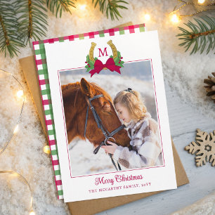 Cartes Pour Fêtes Annuelles Photo de Noël Cheval Fers à Cheval & Houx Ruban Ro