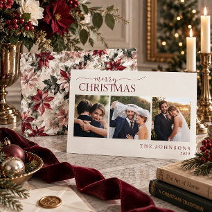 Cartes Pour Fêtes Annuelles Photo de Noël classique aux aquarelles de poinsett