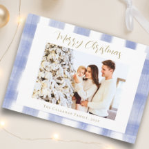 Photo de Noël de famille à carreaux gingham bleu c