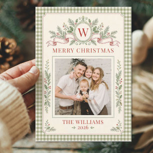 Cartes Pour Fêtes Annuelles Photo de Noël de famille avec monogramme et gingha