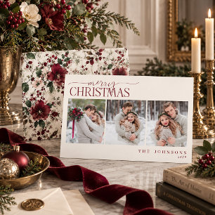 Cartes Pour Fêtes Annuelles Photo de Noël de jeunes mariés à la florale bordea
