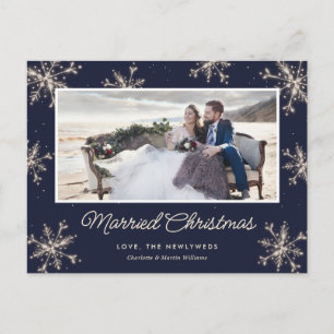Cartes Pour Fêtes Annuelles Photo de Noël de jeunes mariés flocon de neige ble