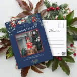 Cartes Pour Fêtes Annuelles Photo de Noël de verdure Aquarelle bleu marine<br><div class="desc">Vous adorerez ces belles cartes de Noël ! Elles sont décorées d'aquarelles botaniques avec du mistletoe, des branches de pins, des baies et de l'haleine pour bébés. En haut, il dit joyeux Noël et juste en dessous vous pouvez ajouter une image. Le bas de la carte a une place pour...</div>