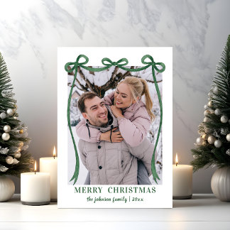 Cartes Pour Fêtes Annuelles Photo de Noël élégant avec ruban vert aquarelle