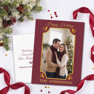 Cartes Pour Fêtes Annuelles Photo de Noël en Bourgogne rayé et or Merlot