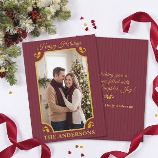 Cartes Pour Fêtes Annuelles Photo de Noël en Bourgogne rayé et or Merlot