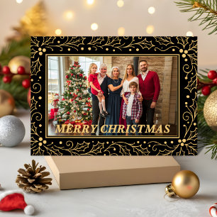 Cartes Pour Fêtes Annuelles Photo de Noël en famille noir et or antique