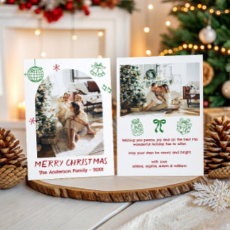 Cartes Pour Fêtes Annuelles Photo de Noël en famille vert et rouge dessinés à