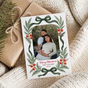 Cartes Pour Fêtes Annuelles Photo de Noël joyeux avec ruban de verdure à l'aqu