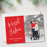 Cartes Pour Fêtes Annuelles Photo de Noël la plus moderne rouge<br><div class="desc">Cette carte de Noël rouge moderne dispose d'un modèle photo à remplacer par votre photo,  et dit Noël Merriest dans la typographie stylisée.</div>