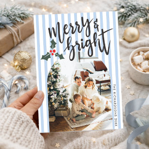 Cartes Pour Fêtes Annuelles Photo de Noël Merry & Bright rayé bleu poussiéreux
