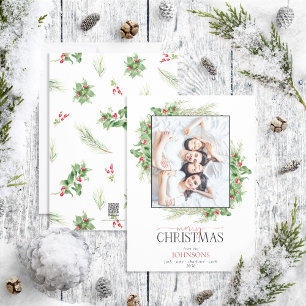Cartes Pour Fêtes Annuelles Photo de Noël moderne Holly Berry Greenery Joyeux