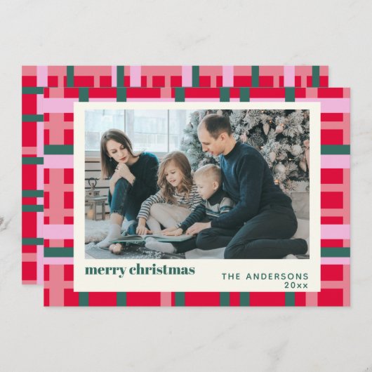 Cartes Pour Fêtes Annuelles Photo de Noël moderne Plaid Rouge Vert Personnalis (Devant / Derrière)