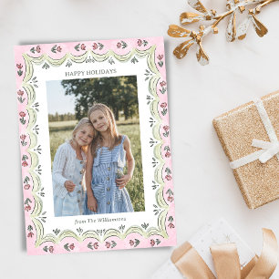 Cartes Pour Fêtes Annuelles Photo de Noël Moderne Rose Floral Fantaisiste